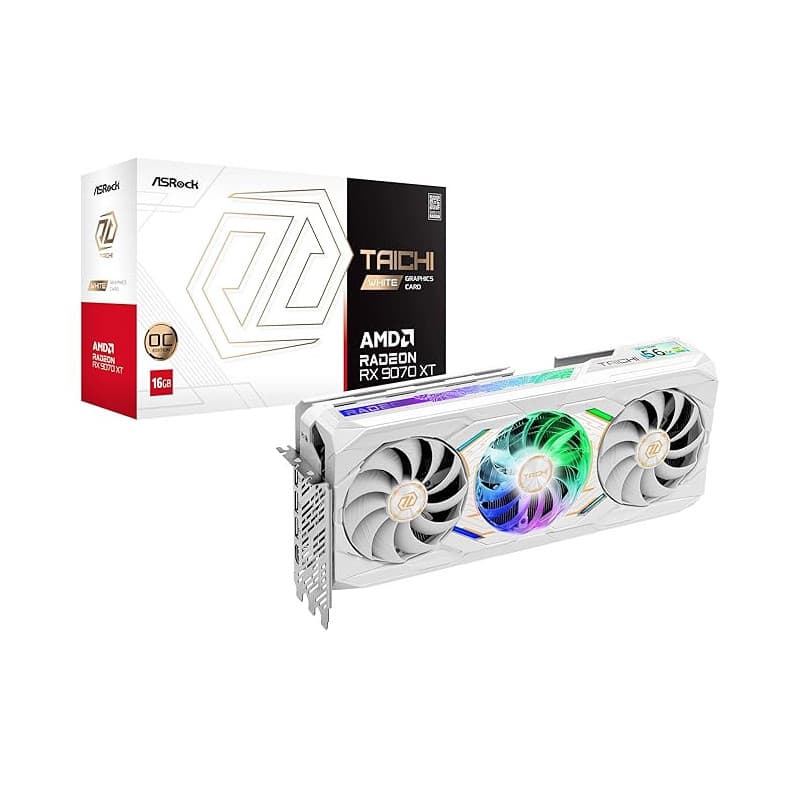 ASRock AMD Radeon RX 9070 XT Taichi White Carte graphique OC 16 Go, RDNA 4, 3100 MHz Boost, 16 Go GDDR6, 3 x DisplayPort 2.1, LC