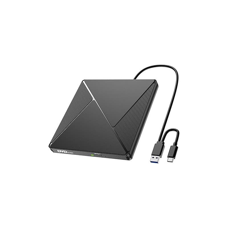 Lecteur CD/DVD Externe pour PC, USB 3.0 et USB-C Graveur DVD Externe Optique Portable CD/DVD -/+RW Drive, Mince DVD Player Trans