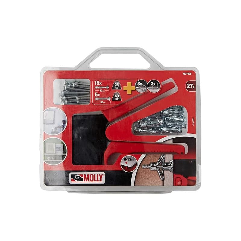 MOLLY Kit de 20 Chevilles de fixation - 15 Chevilles 4 x 33mm et 5 Chevilles 5 x 36mm + Pince de pose, Gris, Set de 27 pièces M7
