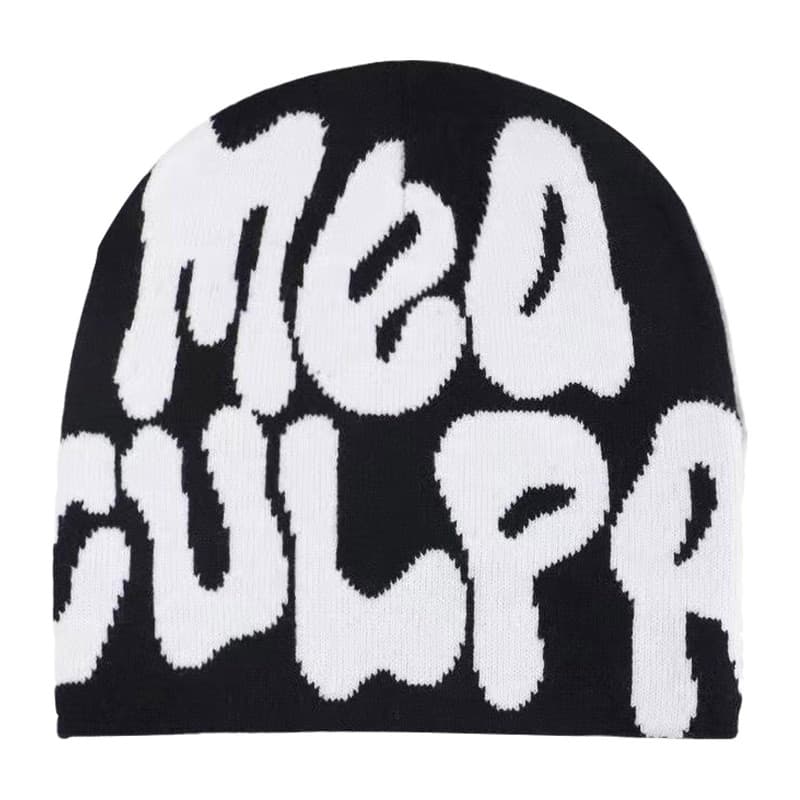MUNSKT Bonnet Y2K MEA Culpa Bonnet Tricoté Graphique Chaud d'hiver Unisexe Adulte Noir