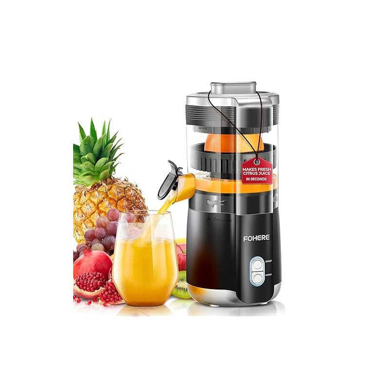 FOHERE Presse Agrumes Automatique Electrique Sans BPA, 2 Cônes Interchangeables, Puissant Moteur Silencieux de 100 W, Bec Anti-g