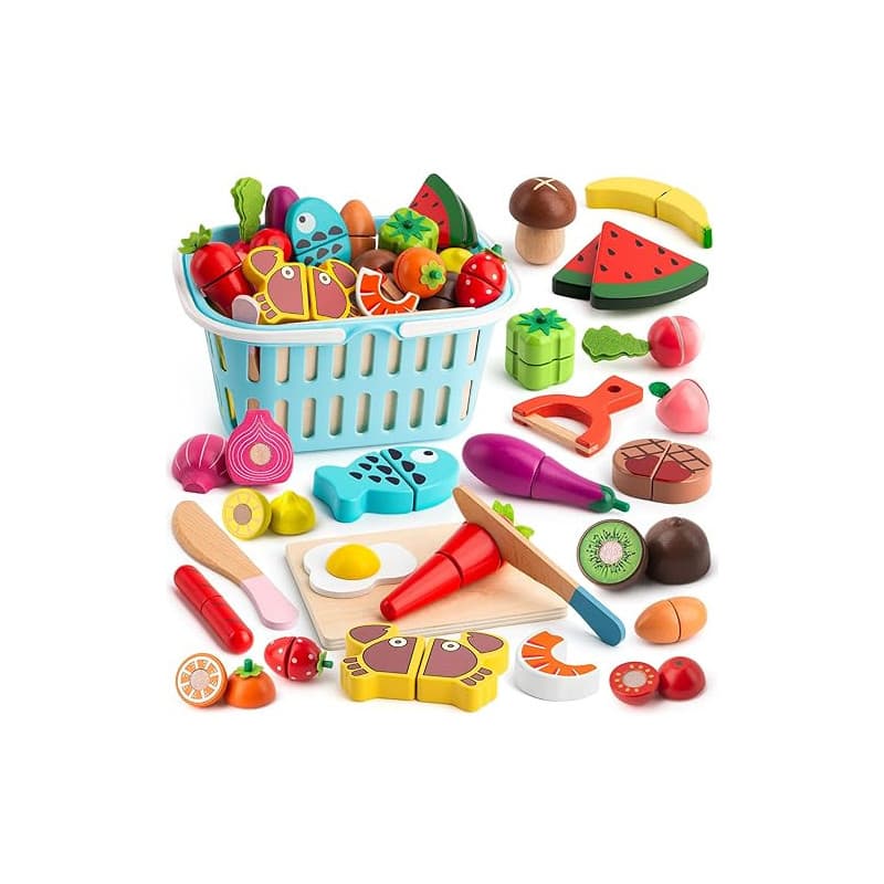 BunnyJOY Dinette Bois Accessoires Cuisine Enfant 2 3 Ans, Fruits et Légumes en Bois à Découper 26 Pièces, Jeu Éducatifs D’Imitat