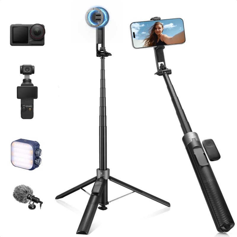 K&F CONCEPT 180cm Trépied Selfie Stick iPhone Compatible avec DJI OSMO Pocket 3/4, Clip 3 en 1 Trépied Téléphone Magnétique & Vi