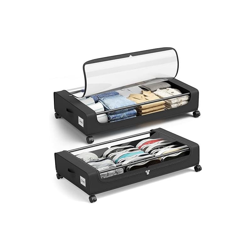 PHINOX Lot de 2 tiroirs de rangement sous lit avec roulettes, conteneurs de rangement sous lit avec couvercle transparent, tiroi