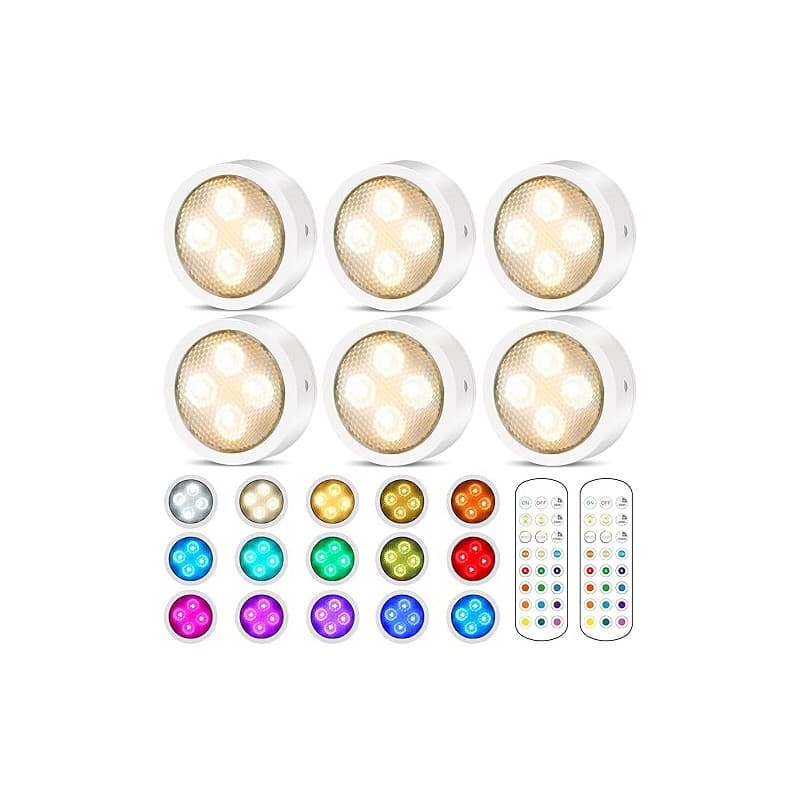 Onumii LED Sans Fil Lampe de placard, Adhesive Spot LED à Pile avec Telecommande Couleur rgb Lumiere pour Armoire (Lot de 6 Blan