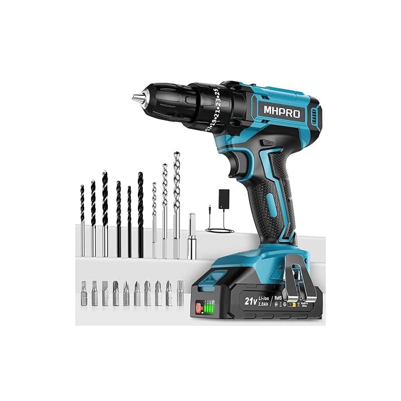 MHPRO Perceuse Visseuse Sans Fil 21V, Visseuse Devisseuse avec Batteries 2.0Ah, 42N.m Percussion, 25+3 Réglages de Couple, 24 Ac
