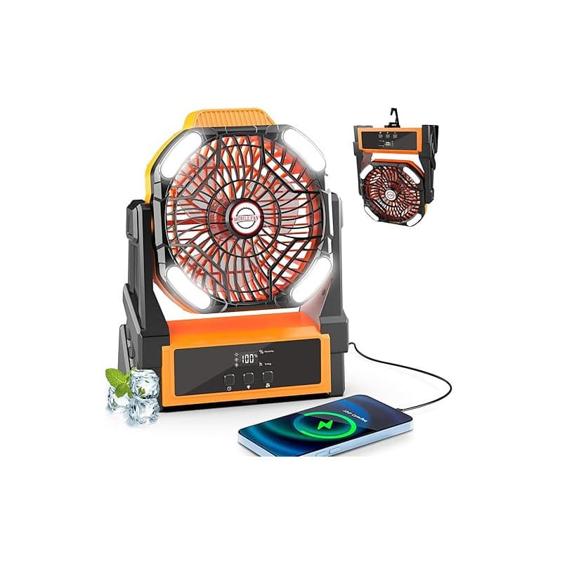 Sendowtek Ventilateur Batterie pour Camping 20000mAh, Puissant Silencieux avec Lumière LED et Crochet 4 Vitesses Réglables, Vent