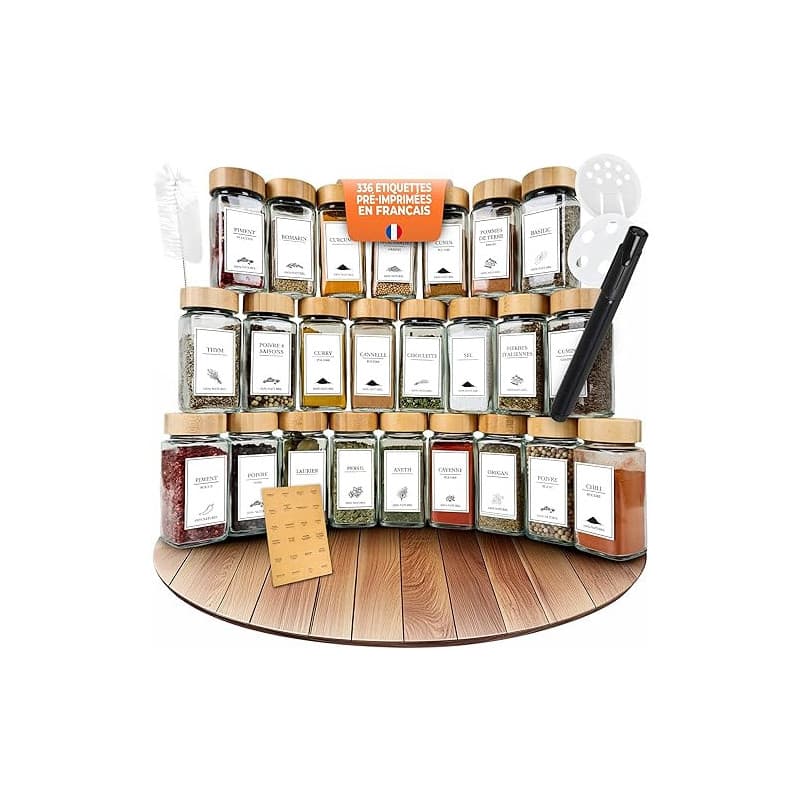 comforder – Pots à Épices en Verre et Bois + 336 Étiquettes Françaises pour Épices + 2 Moulins – 24 Bocaux de Cuisine 120 ml