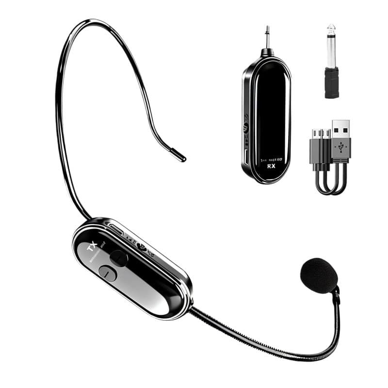 BORDEAG Micro sans Fil, Microphone sans Fil, 2.4G Micro Casque sans Fil, Portée de 30 m, Wireless Microphone Serre Tête, pour Co