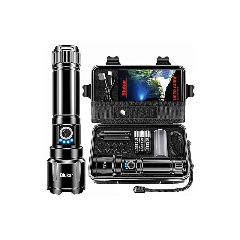 Blukar Lampe Torche LED Ultra Puissante Super Lumineux, Lampe de Poche Rechargeable 5000mAh Batterie, LED Torche IPX6 Étanche, 5