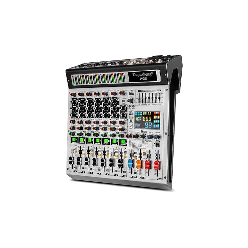 Depusheng AG8 table de mixage audio professionnelle 8 canaux avec lecture et enregistrement USB MP3, avec regroupement et 2 inte