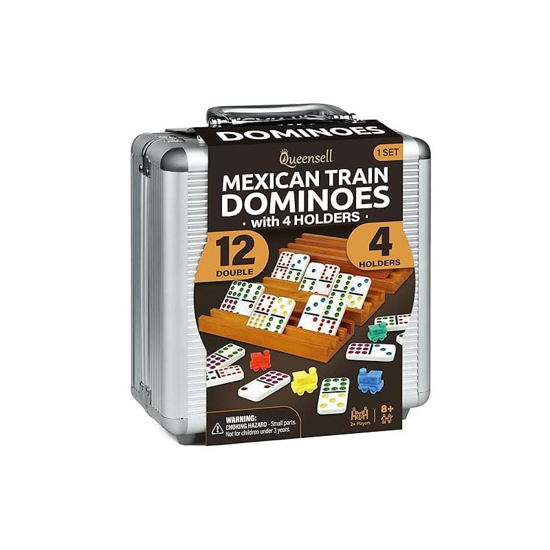 Queensell Jeu de dominos mexicains avec 4 supports, jeux de société en tuile de domino