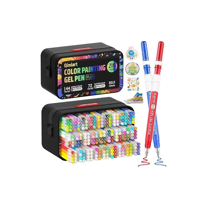 TrendGate 216 Stylo Gel Acrylique, Pointe 1 mm Gen Pen, 216 Couleurs Set de (144 Feutre Acryliques + 72 Stylo Gel Pailletés) - P