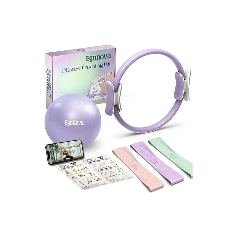 EgoNova Ensemble Pilates: Anneau 35 cm, poignées rembourrées, Mini-Ballon, Bandes de résistance pour Force, flexibilité, stabili