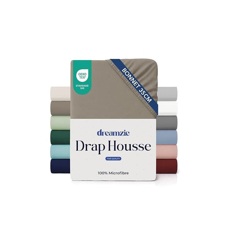 Dreamzie Drap Housse 160 x 200 Bonnet 35 cm pour Matelas Épais - 100% Microfibre - Lin, Certifié sans Produits Chimiques (Oeko T