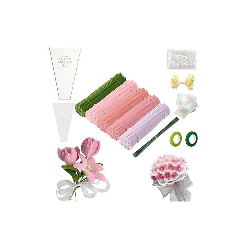 FINEVERNEK 250 Pièces Fil Chenille Bouquet de Tulipes, 5 Couleurs de Cure Pipe Chenille, avec Floratape et Tige Fleur Artificiel