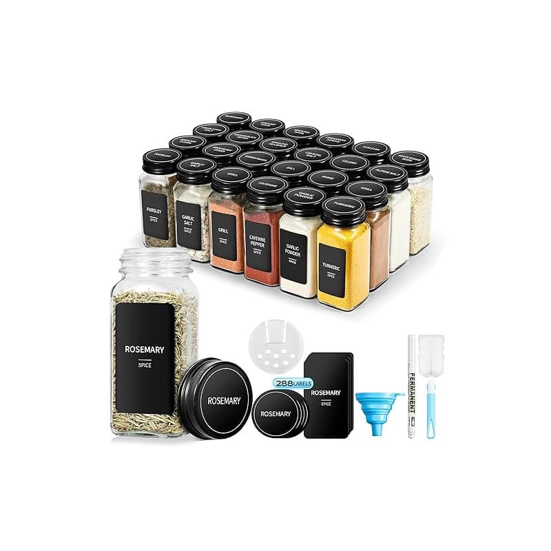 BAVATEE 24 Pièces Pot à ÉPices Carrés Noirs avec Couvercles à Visser, 120 ml (10,5 X 4,5 cm) Bocaux à Épices, Bocal Epices avec