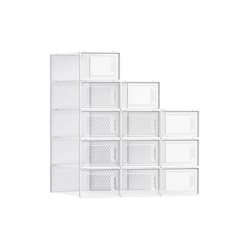 SONGMICS Boîtes à Chaussures, Lot de 12, Rangement Chaussures, Pliable, pour Pointure jusqu’à 44, Transparent et Blanc LSP12SWT