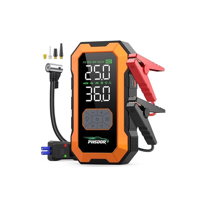 8000A Booster Batterie Voiture avec Gonfleur 150PSI, 25000mAh Démarreur Batterie Voiture (Tous Gaz ou 10L Diesel), 12V Booster d