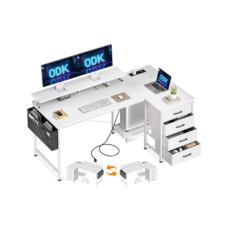 ODK Bureau d'angle avec 4 Tiroirs, 140x80cm Bureau en L avec Prise de Charge USB et Prise de Courant, Table Informatique Réversi