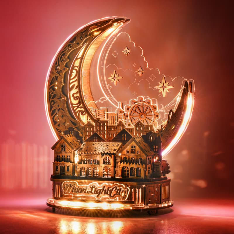 FUNPOLA Puzzle 3D Ville Lunaire avec LED – Maquette en Bois à Construire – Puzzle en Bois 3D pour Adultes, Décoration Intérieure