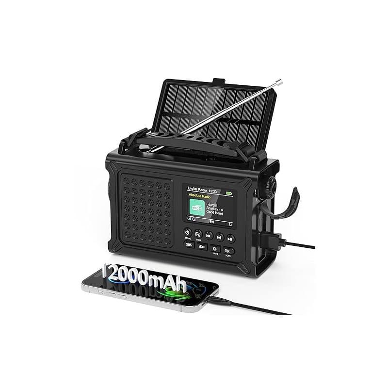 Dab/Dab+/FM Radio Solaire Manivelle, Radio d'urgence avec 8500mm² Grand Panneau Solaire, Lampe Torche LED & Lampe de Lecture, Ho