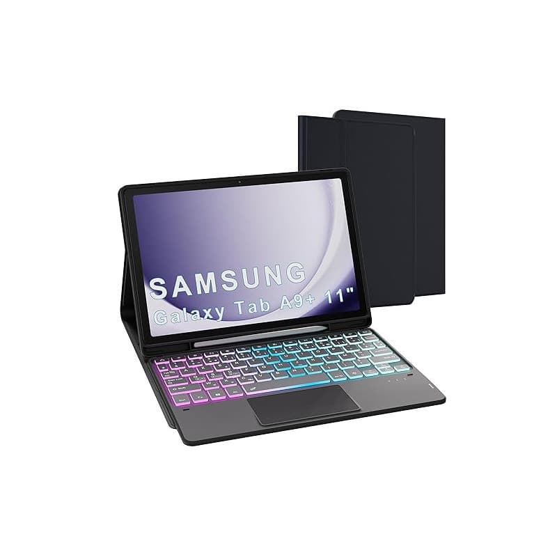 pour Samsung Galaxy Tab A9+ 11 pouces Étui avec clavier détachable - français AZERTY, Clavier rétroéclairé 3 zones 7 couleurs DI