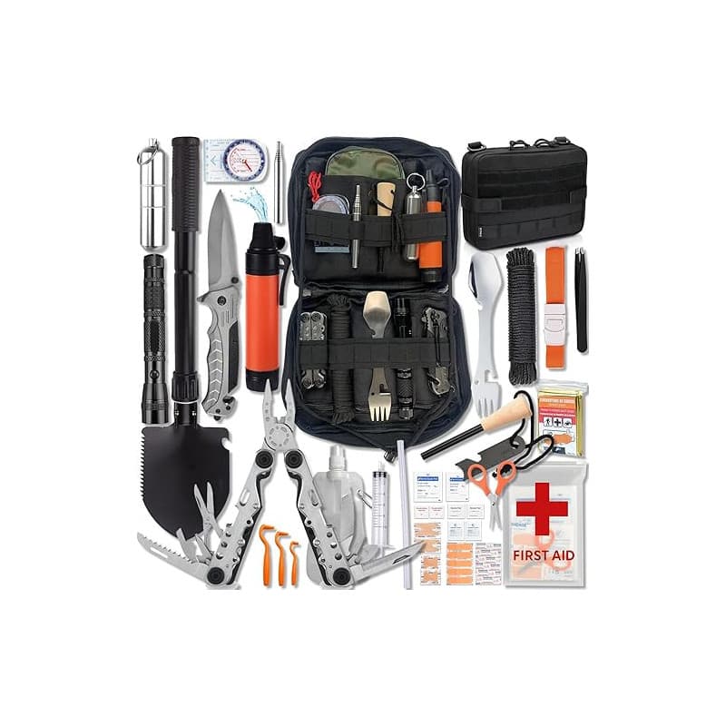 Kit de Survie Complet Francais Haute Qualité + Trousse de Secours + Paille Filtrante + Outils Multifonction + Pince Multifonctio