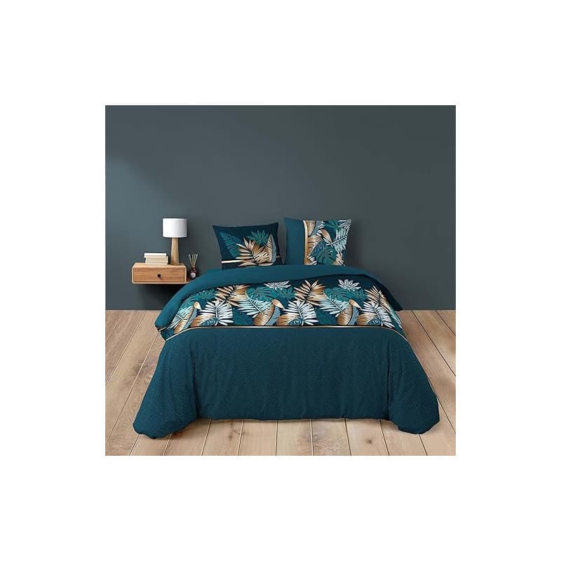 Douceur d'Intérieur, Parure de Lit 3 Pièces (260 x 240 cm) Alianor Bleu, 100% Coton