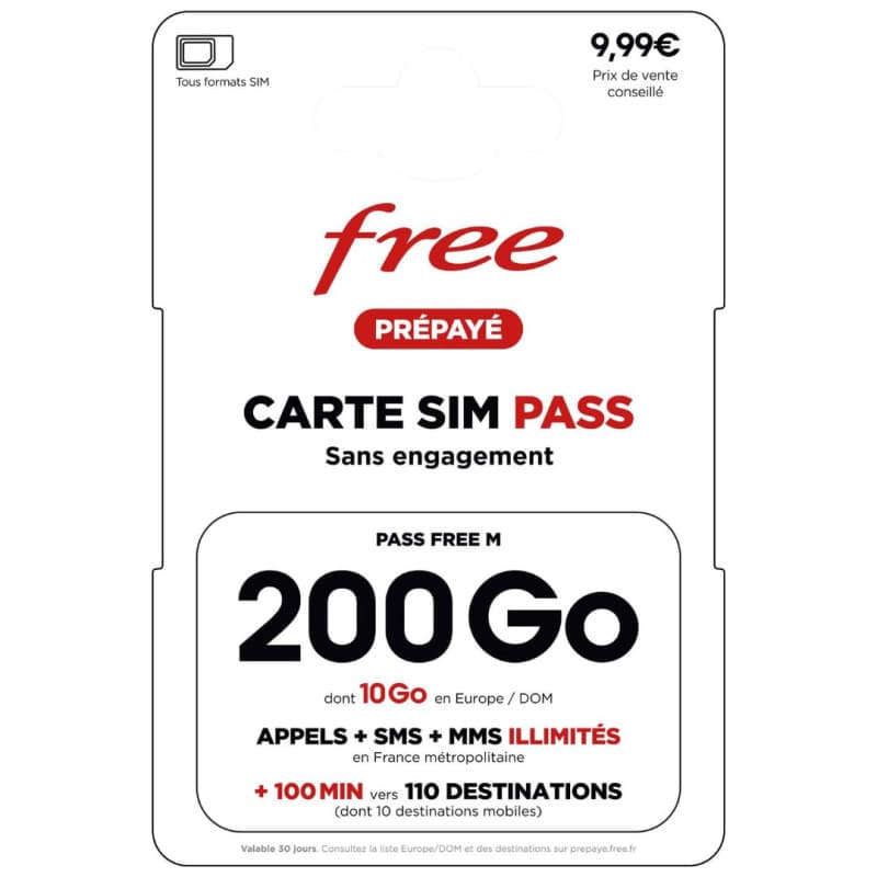 Carte SIM Free Pass M : Forfait 200 Go 5G Ultra-Data + Appels/SMS Illimités & 10 Go depuis l’Europe – Offre Mobile Sans Engageme