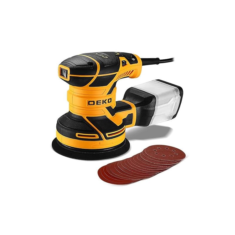 DEKOPRO 300W Ponceuse Orbitale Excentrique, 6 Vitesses, 14000RPM, Papier Abrasif 16 Pièces, Patin de Ponçage 125mm, Collecteur d