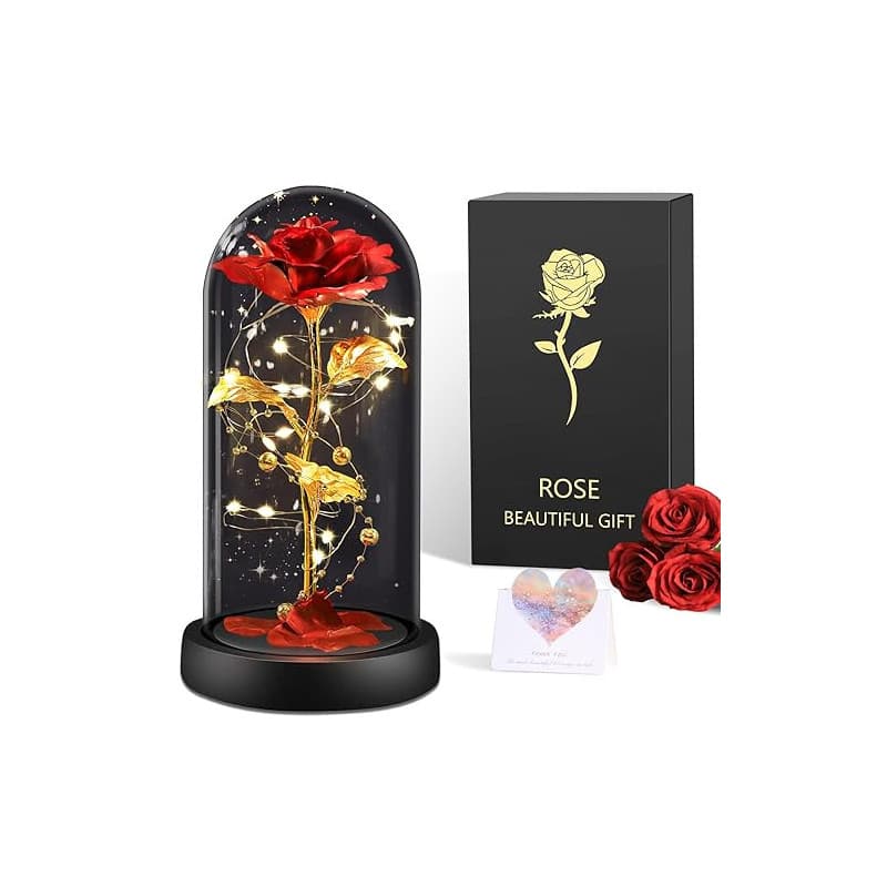 BOLEi Rose Eternelle Cadeau pour Femmes, Rose sous de La Belle et La Bête, Rose Rouge avec LED, Cadeau Saint Valentin pour Femme