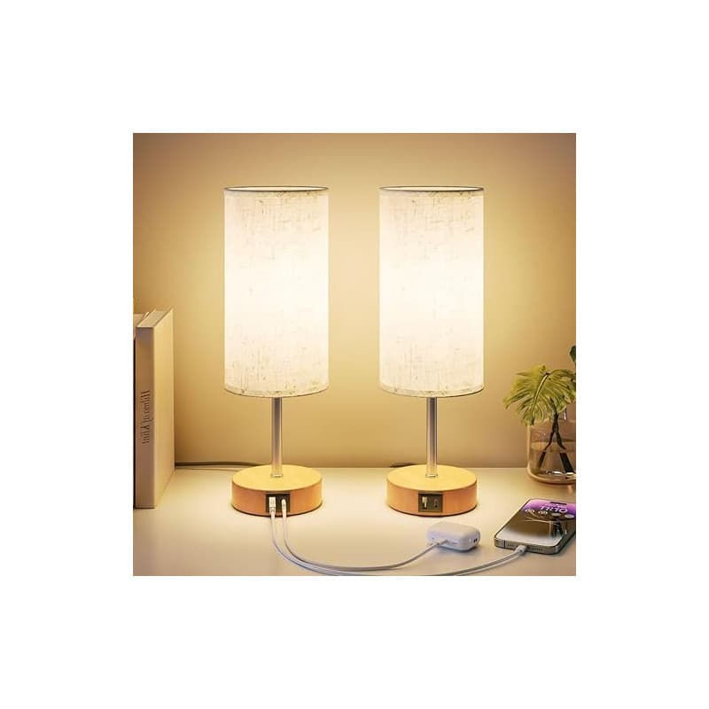 UPXNBOR Lampes de Chevet Tactiles Lot de 2 avec Ports de Charge USB-A et USB-C, Lampe de Bureau, Variateur 3 Niveaux, Abat-Jour