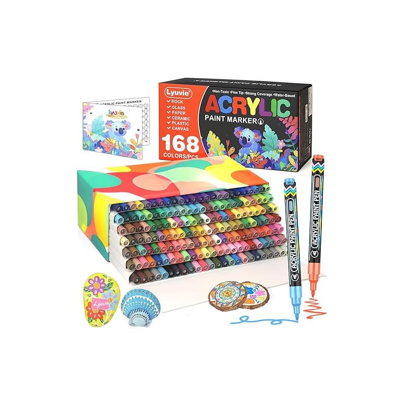 Lyuvie 168 Couleur Feutres Acryliques,Marqueur Peinture Acrylique avec Pointe Extra Fine de 0,7 mm,Permanent Stylo Peinture Acry