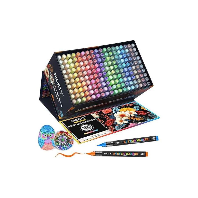NICETY 180 Couleurs Feutres Acryliques – Marqueurs Pinceaux pour Peinture sur Pierre, Bois, Verre, Céramique – Pointe Pinceau 1-