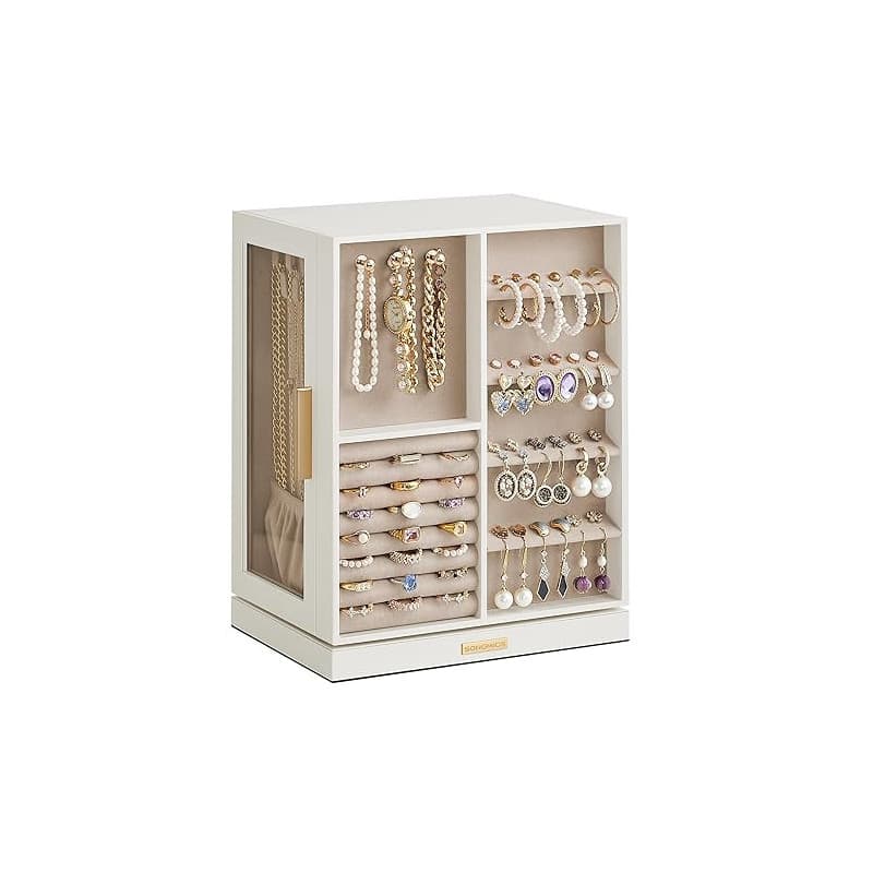 SONGMICS Boîte à Bijoux Rotative à 360°, Coffret à Bijoux avec 5 Tiroirs, Fenêtres en Verre Latérales, Grand, Rangement pour Acc