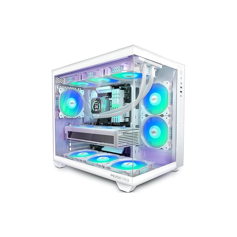 MUSETEX Boitier PC ATX,6 Ventilateurs PWM ARGB préinstallés,Support RAD 360MM Boitier PC Gamer,Type-C 270° Full View Verre tremp