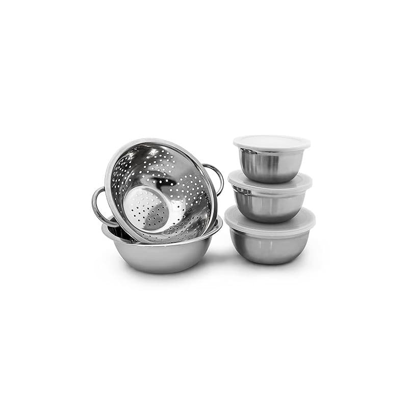Relaxdays 10019118 Lot de 5 pièces empilables 3 bols en acier inoxydable avec couvercle 1 saladier 1 Passoire Inox mélanger cons
