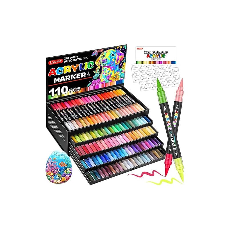 Lyuvie 220 Couleurs Feutre Acrylique,110 Pcs Acrylic Paint Marker Marqueur Peinture Acrylique Pointe Brush pour Roche Tissu Pier