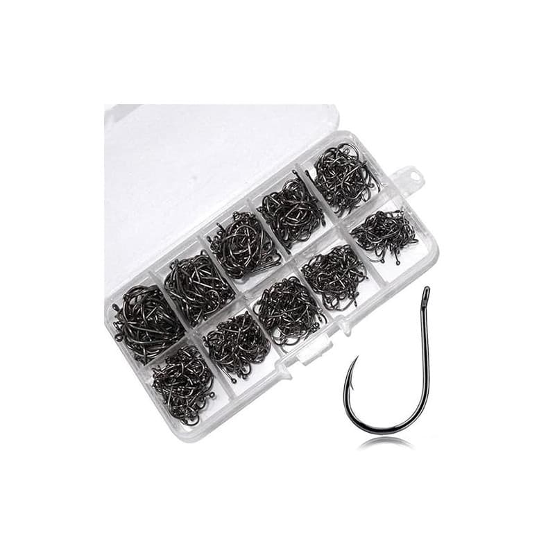 GNALIA Hameçons - 200 Pièces Noirs Avec Barbilles 10 Tailles (3-12), Acier Carbone Pour Pêche Carpe Et Poisson, Boîte Plastique