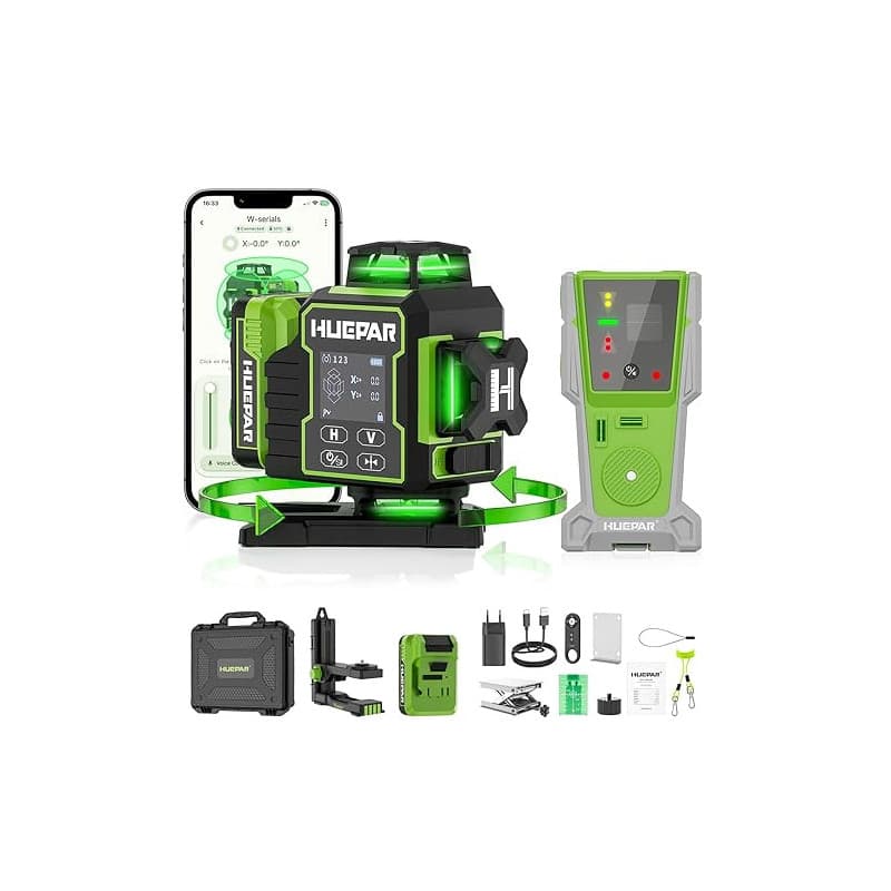 Huepar Niveau Laser Chantier Autonivelant 360°x4 avec récepteur, Lazer Niveaux rotatif 4D 16 Lignes Laser, Autonivellement et Mo
