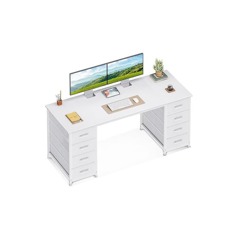 Coleshome Bureau avec 8 Tiroirs en Tissu, 140x48cm Bureau Blanc avec Rangement Table d'ordinateur Robuste, Table Informatique po