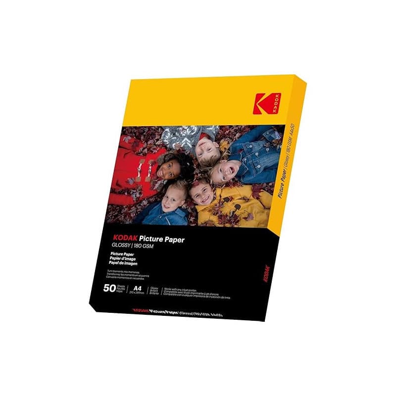 KODAK Picture Paper - Papier Photo Brillant, Pack de 50 Feuilles, Format A4 (21x29,7cm), 180g/m², Idéal pour Impressions Jet d'E