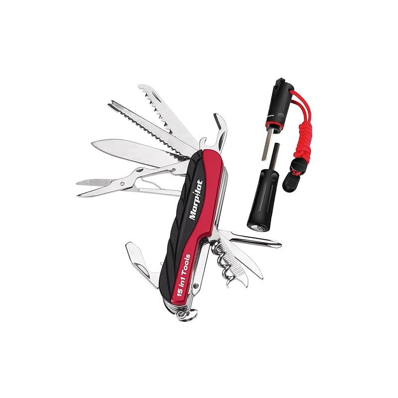 Morpilot Couteau Suisse et Flintstone Set, 15 en 1 Couteau Polyvalent et Allume-feu 5 en 1 avec Sifflet, Tournevis, Ciseaux, Sci