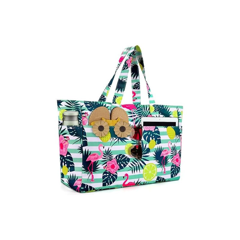 ISEYOU Grand Sac de Plage XXL Imperméable avec Fermeture Éclair, Sac Plage Pliable et Léger, Sacs de Plage Femmes Multi-Poches d