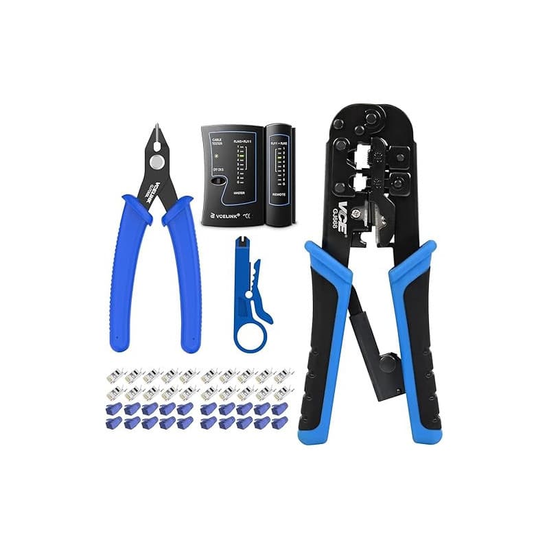 VCELINK Kit de Sertissage, Pince à Sertir RJ45 avec 20 Connecteurs Cat7 Pass Through, Testeur RJ45, Pince Coupante