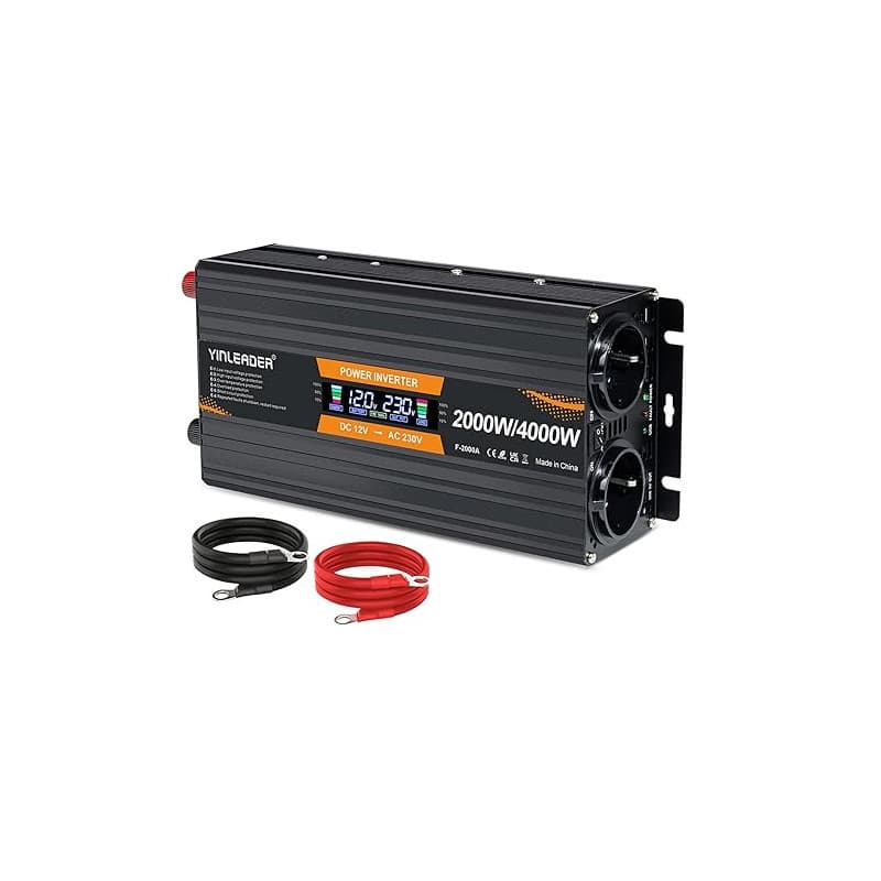 Yinleader Convertisseur 12V 220V 2000W /4000W Convertisseur de Puissance Ecran LCD 2 Prises AC pour Panneau Solaire Voiture VR