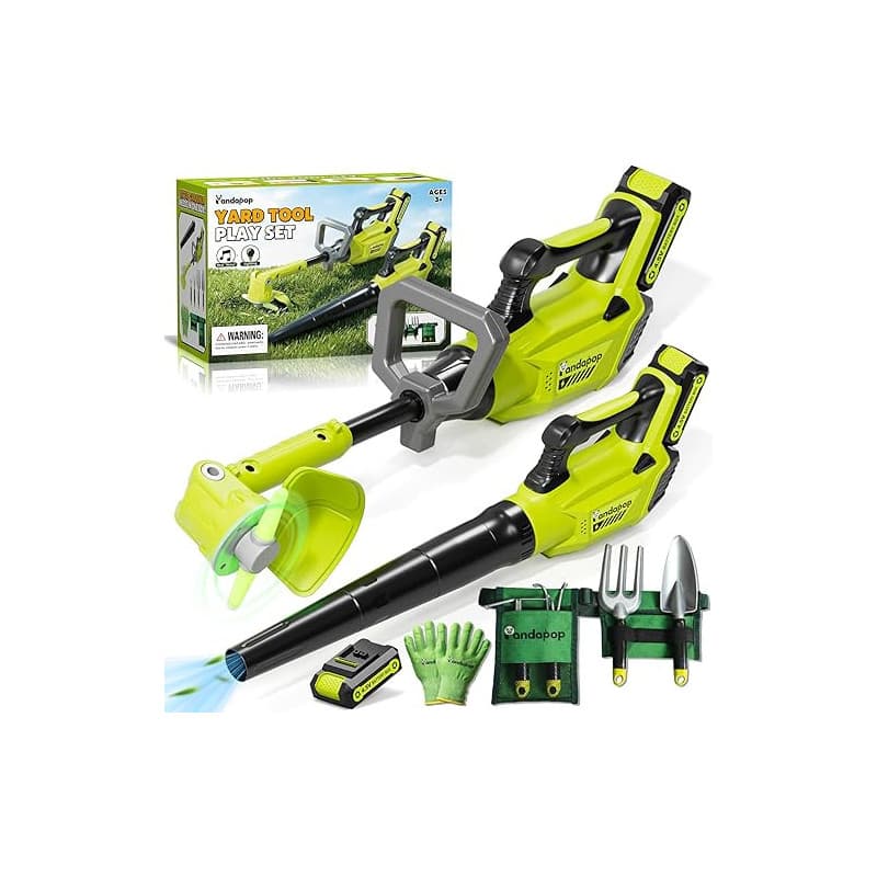 Pandapop 2 in 1 Outils Enfant, Débroussailleuse Enfant avec Lumière, Souffleur Feuille avec Son, Kit Jardinage avec Ceinture Et