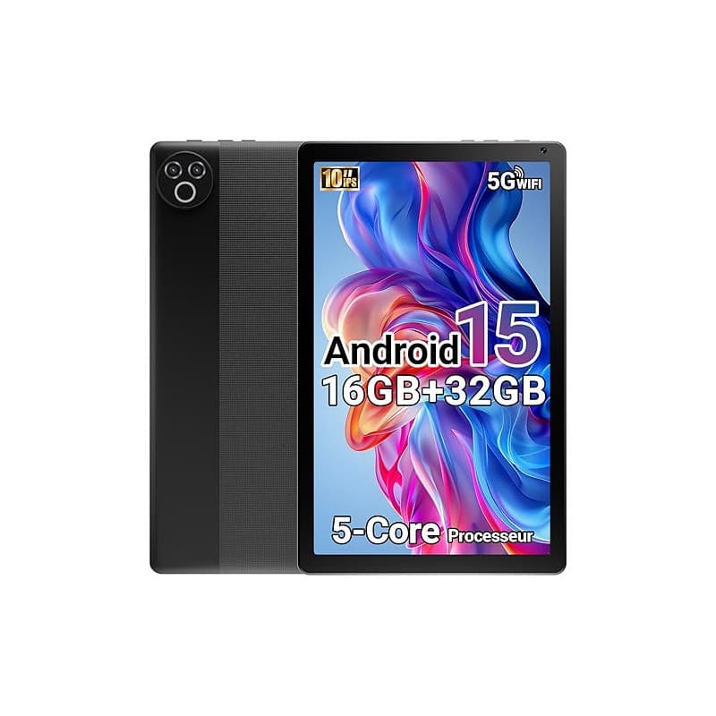 Yicty Tablette 10 Pouces Android 15 2026, 16 Go RAM, Processeur 5 cœurs, Écran HD IPS 1280x800, Double caméra, WiFi 6 5G, Blueto
