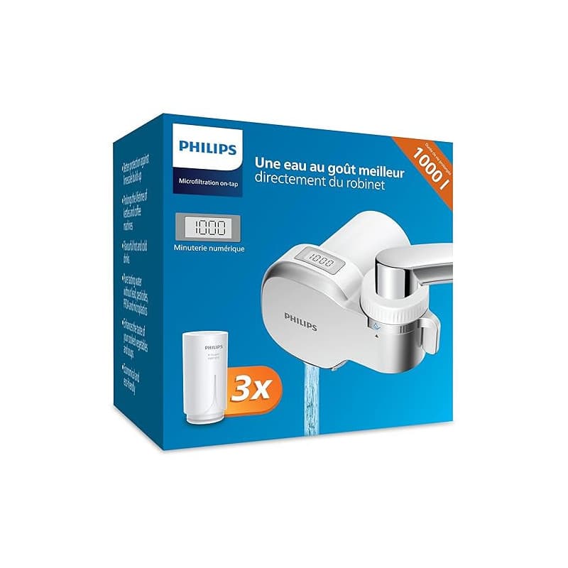 Philips Water Filtre à eau MICROFILTRATION avec affichage numérique, 3 cartouches, filtre SÉDIMENTS, CHLORE et autres impuretés,